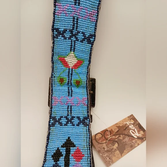 RAJ Beaded Belt - Animal & Flower Designs Sky Blue Multi Color NEW WITH TAGS - Picture 7 of 13